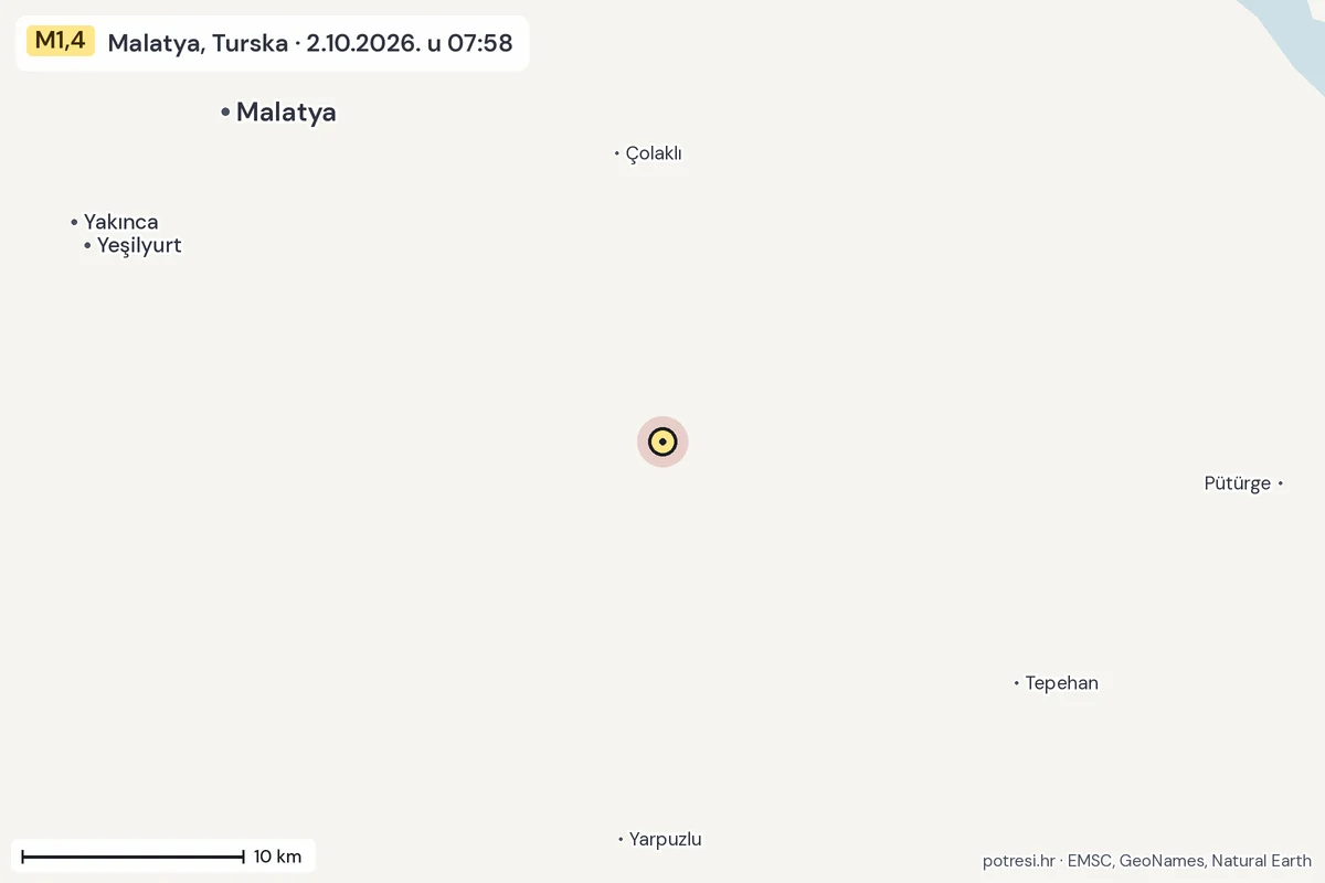 Karta: okolica epicentra, 60 km, potres M1,4, Malatya, Turska, 2.10.2026.