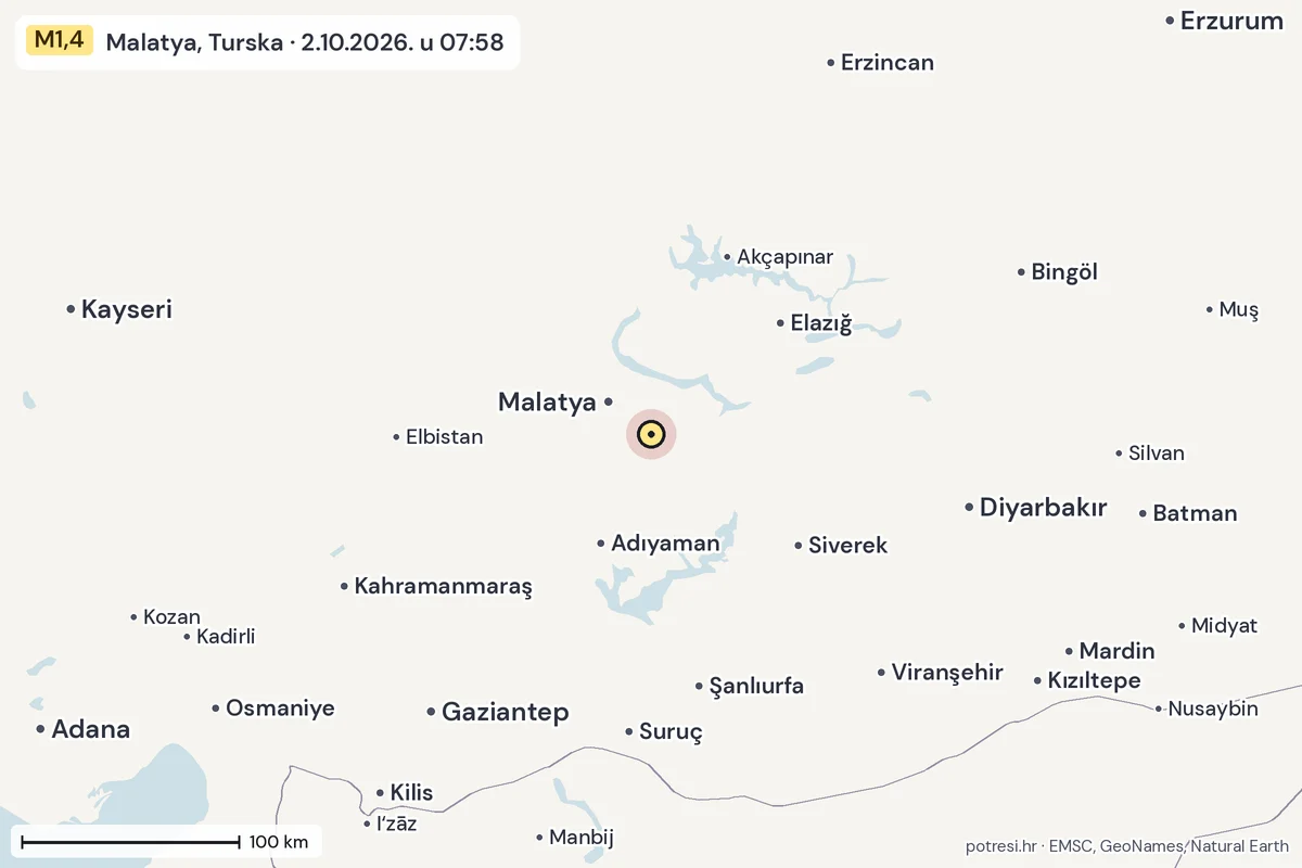 Karta: šire područje, 600 km, potres M1,4, Malatya, Turska, 2.10.2026.