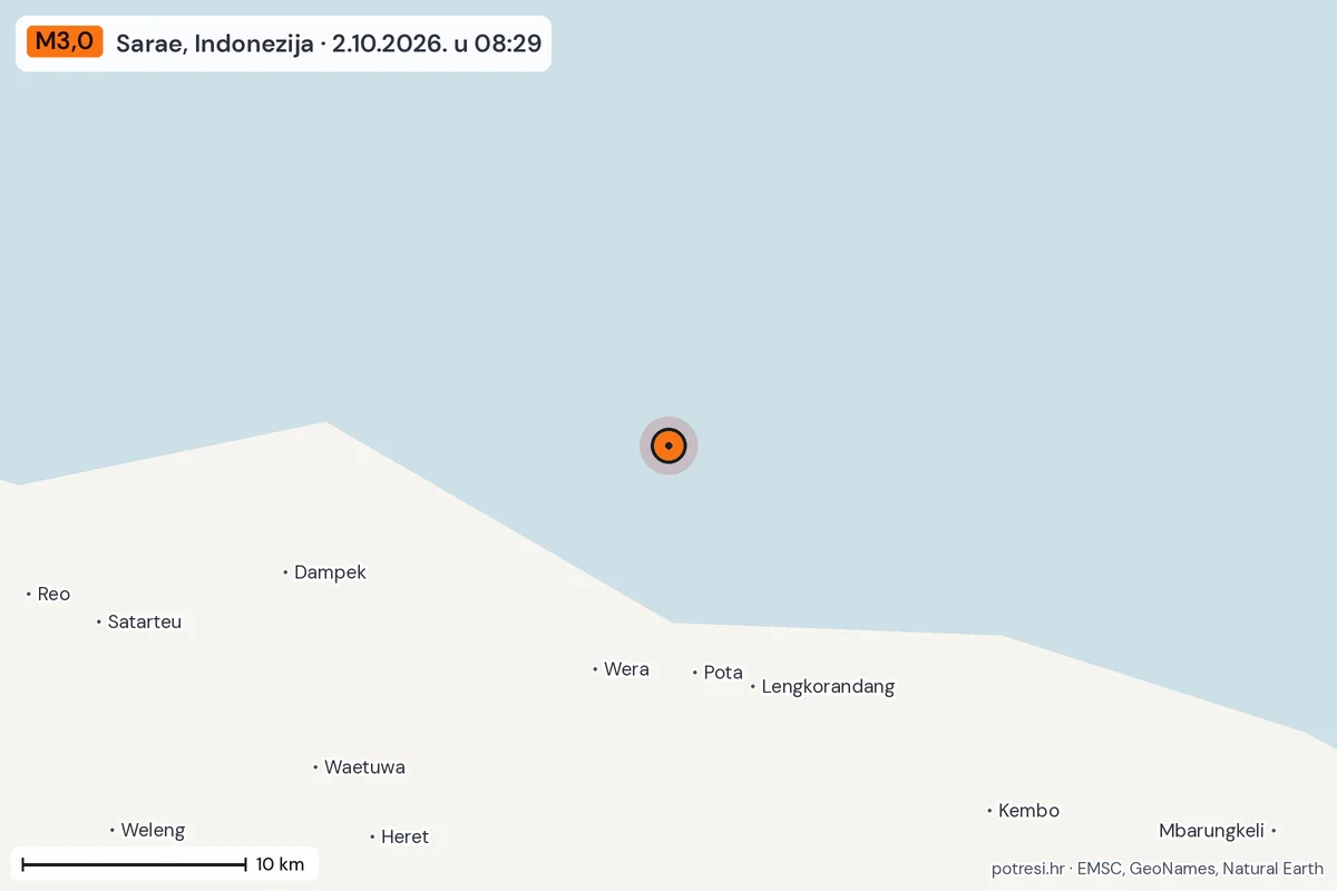 Karta: okolica epicentra, 60 km, potres M3,0, Sarae, Indonezija, 2.10.2026.