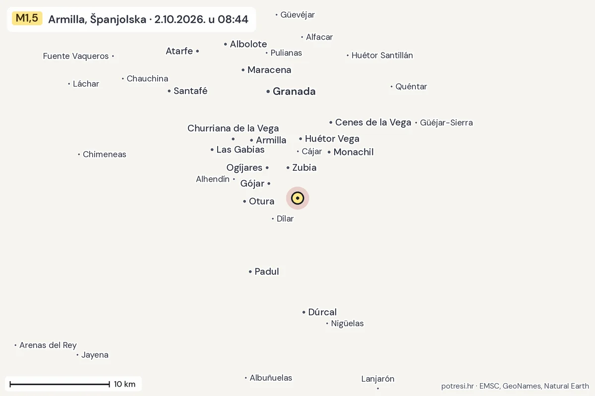 Karta: okolica epicentra, 60 km, potres M1,5, Armilla, Španjolska, 2.10.2026.