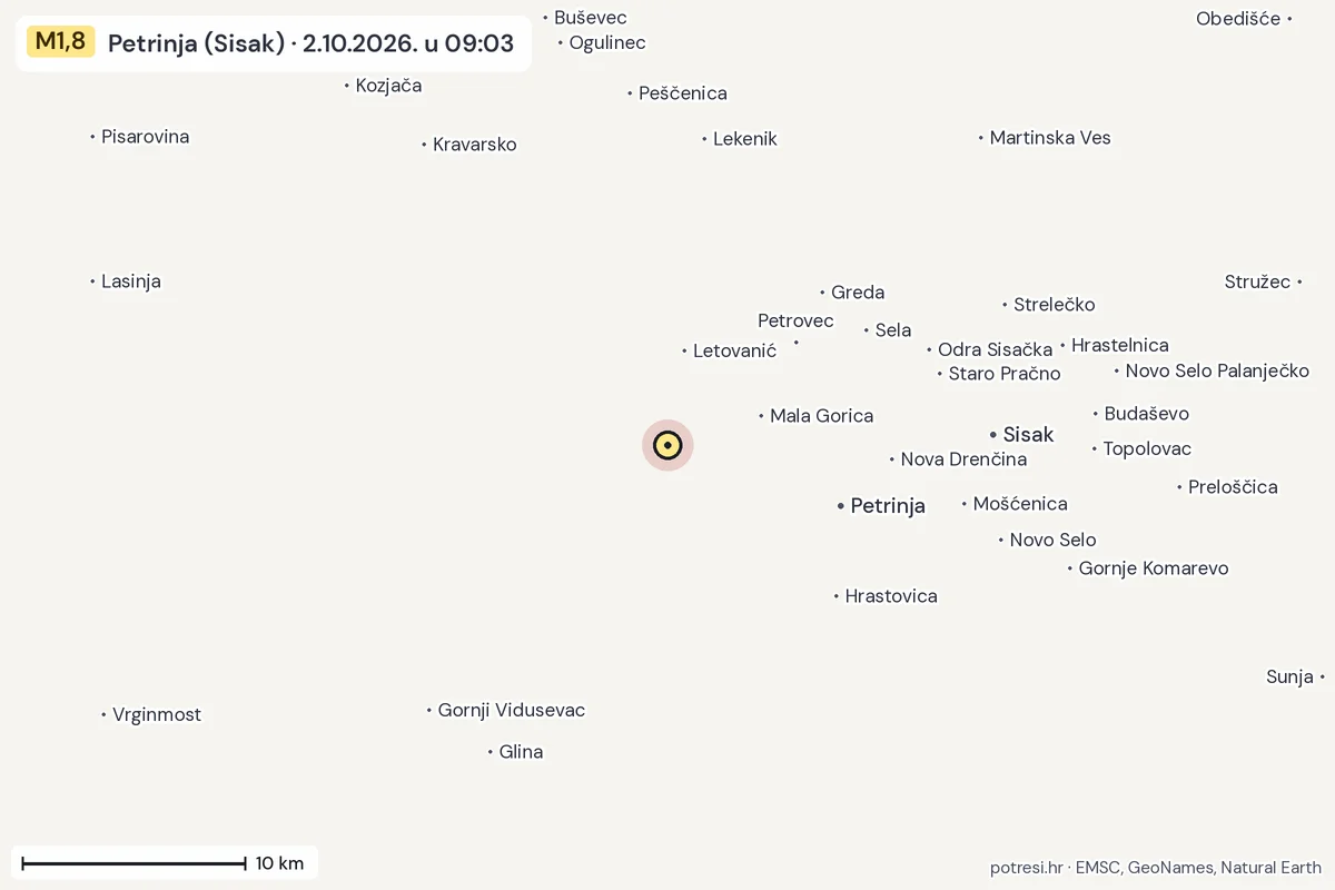 Karta: okolica epicentra, 60 km, potres M1,8, Petrinja (Sisak), 2.10.2026.