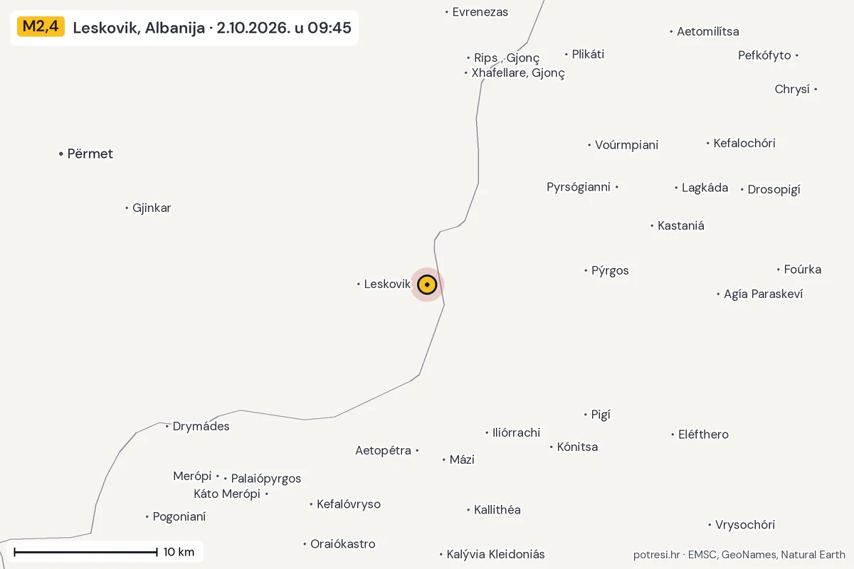 Karta: okolica epicentra, 60 km, potres M2,4, Leskovik, Albanija, 2.10.2026.