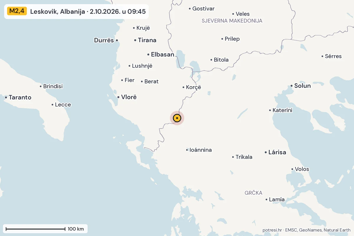 Karta: šire područje, 600 km, potres M2,4, Leskovik, Albanija, 2.10.2026.