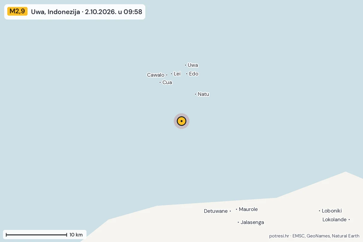 Karta: okolica epicentra, 60 km, potres M2,9, Uwa, Indonezija, 2.10.2026.
