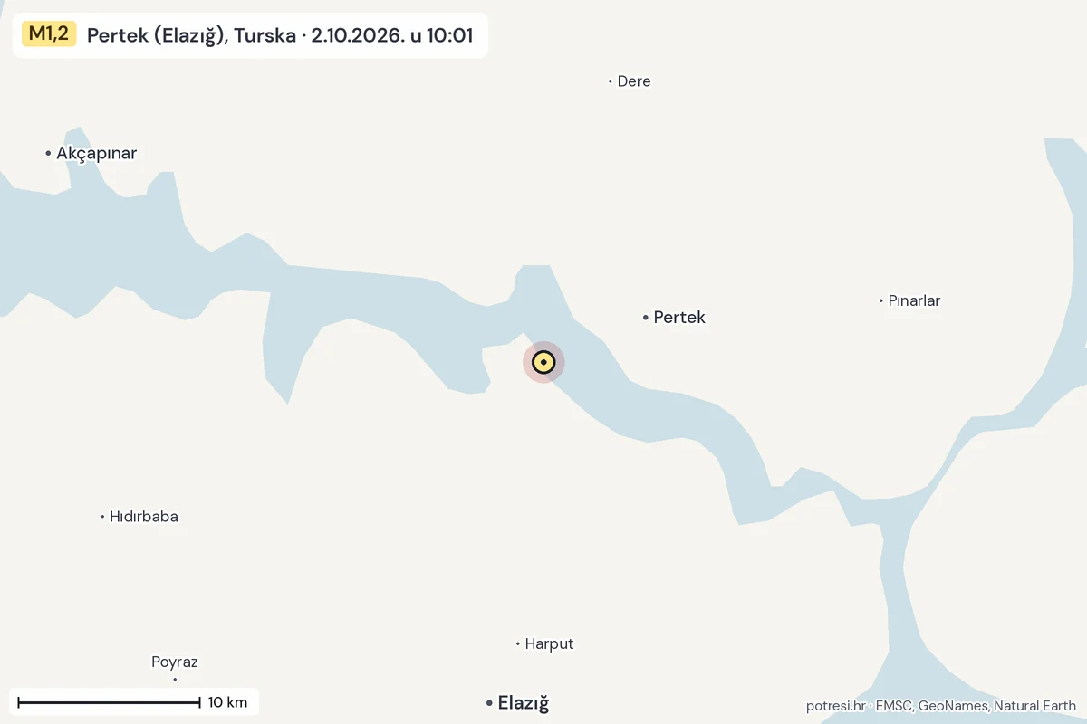 Karta: okolica epicentra, 60 km, potres M1,2, Pertek (Elazığ), Turska, 2.10.2026.