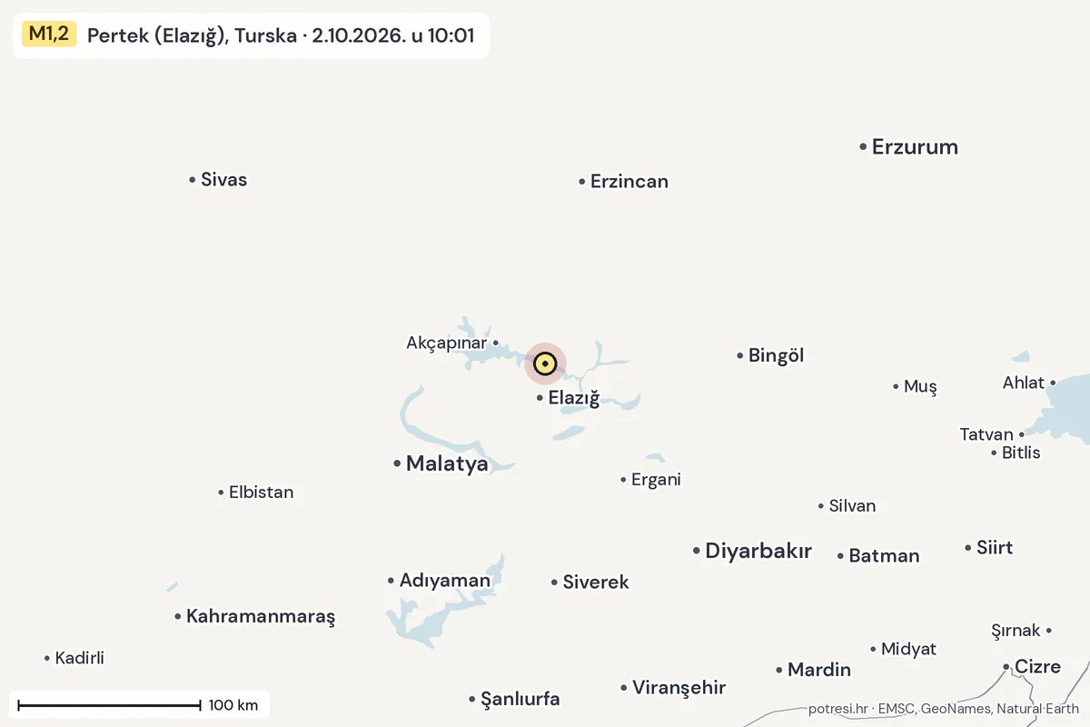 Karta: šire područje, 600 km, potres M1,2, Pertek (Elazığ), Turska, 2.10.2026.