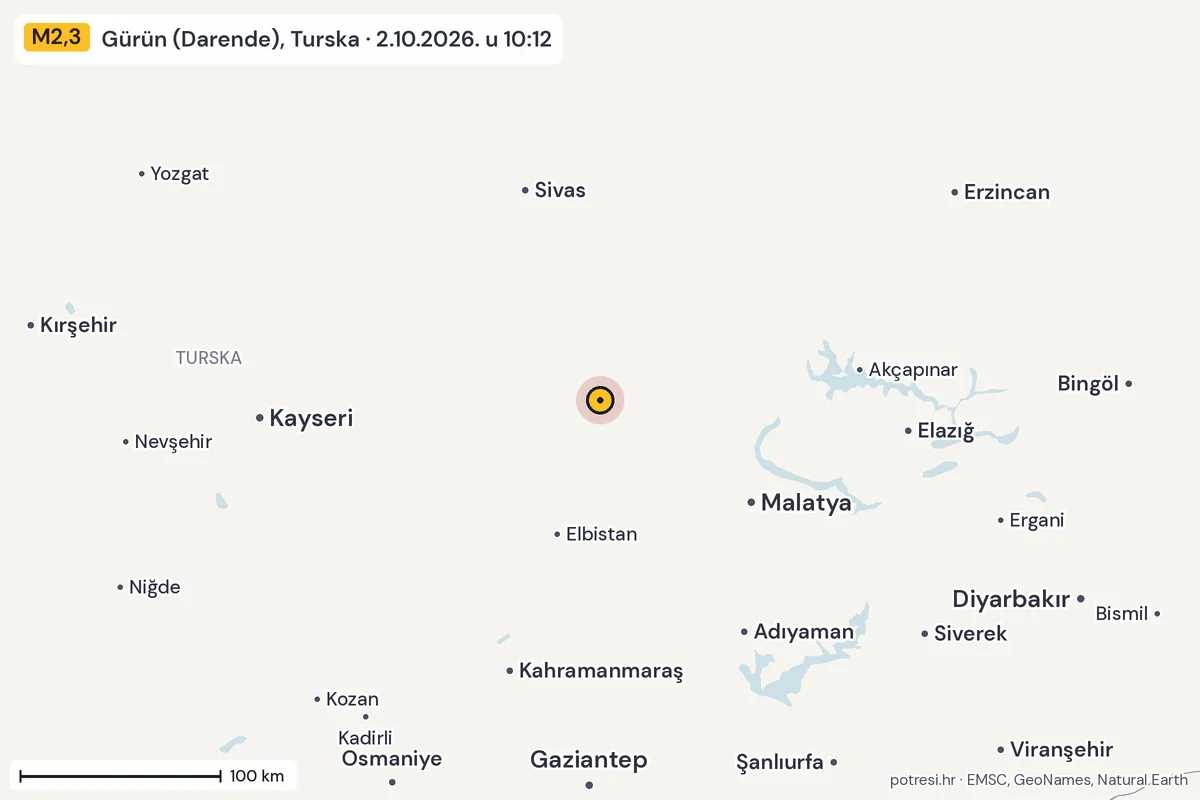 Karta: šire područje, 600 km, potres M2,3, Gürün (Darende), Turska, 2.10.2026.