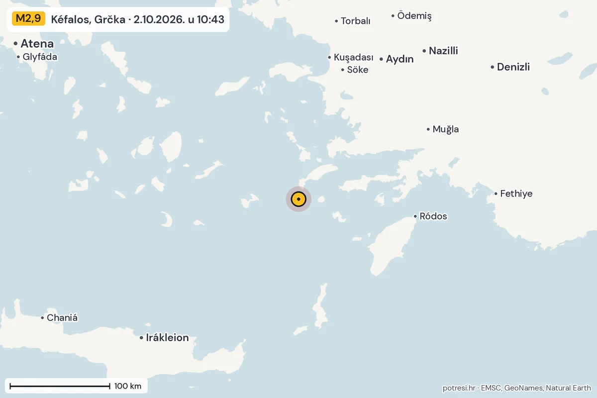 Karta: šire područje, 600 km, potres M2,9, Kéfalos, Grčka, 2.10.2026.