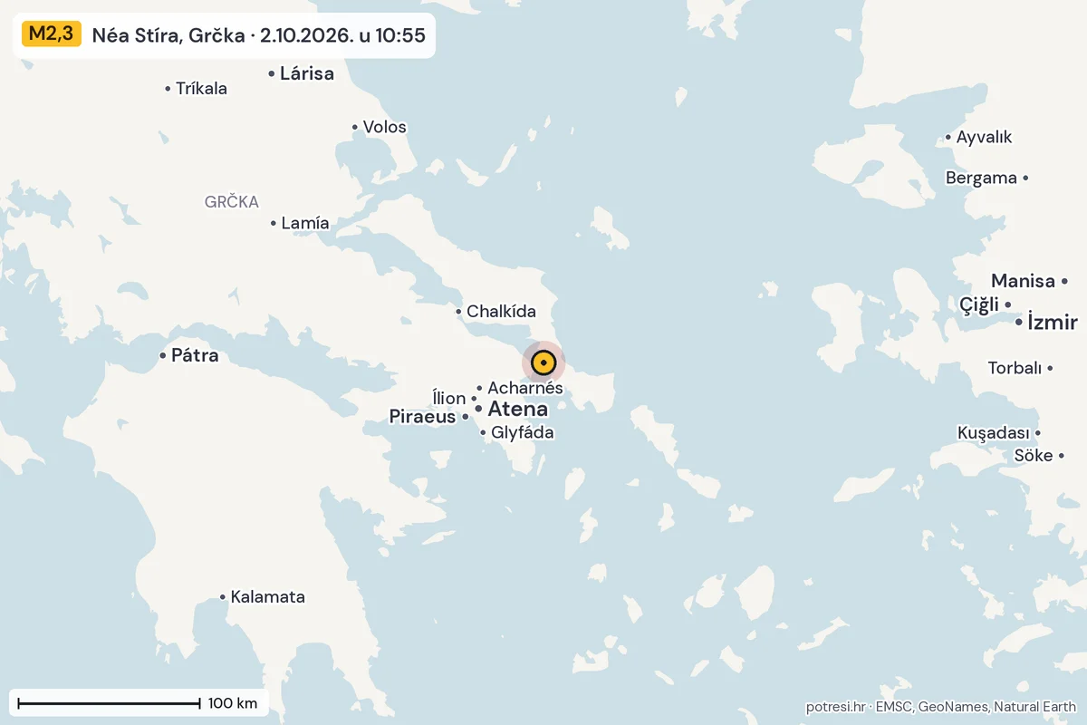 Karta: šire područje, 600 km, potres M2,3, Néa Stíra, Grčka, 2.10.2026.