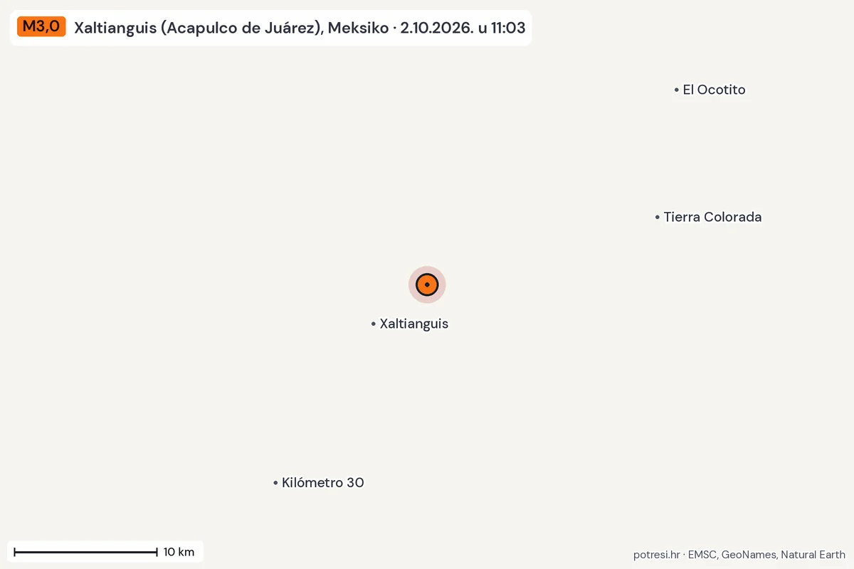 Karta: okolica epicentra, 60 km, potres M3,0, Xaltianguis (Acapulco de Juárez), Meksiko, 2.10.2026.