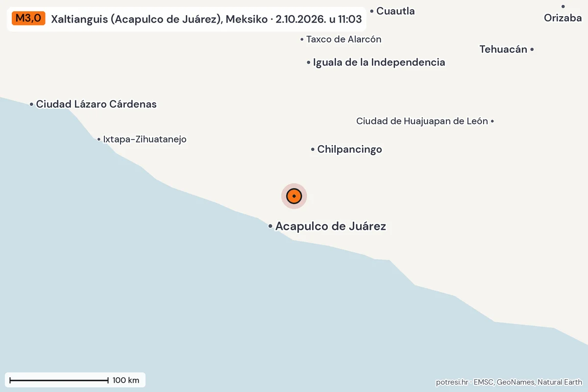 Karta: šire područje, 600 km, potres M3,0, Xaltianguis (Acapulco de Juárez), Meksiko, 2.10.2026.