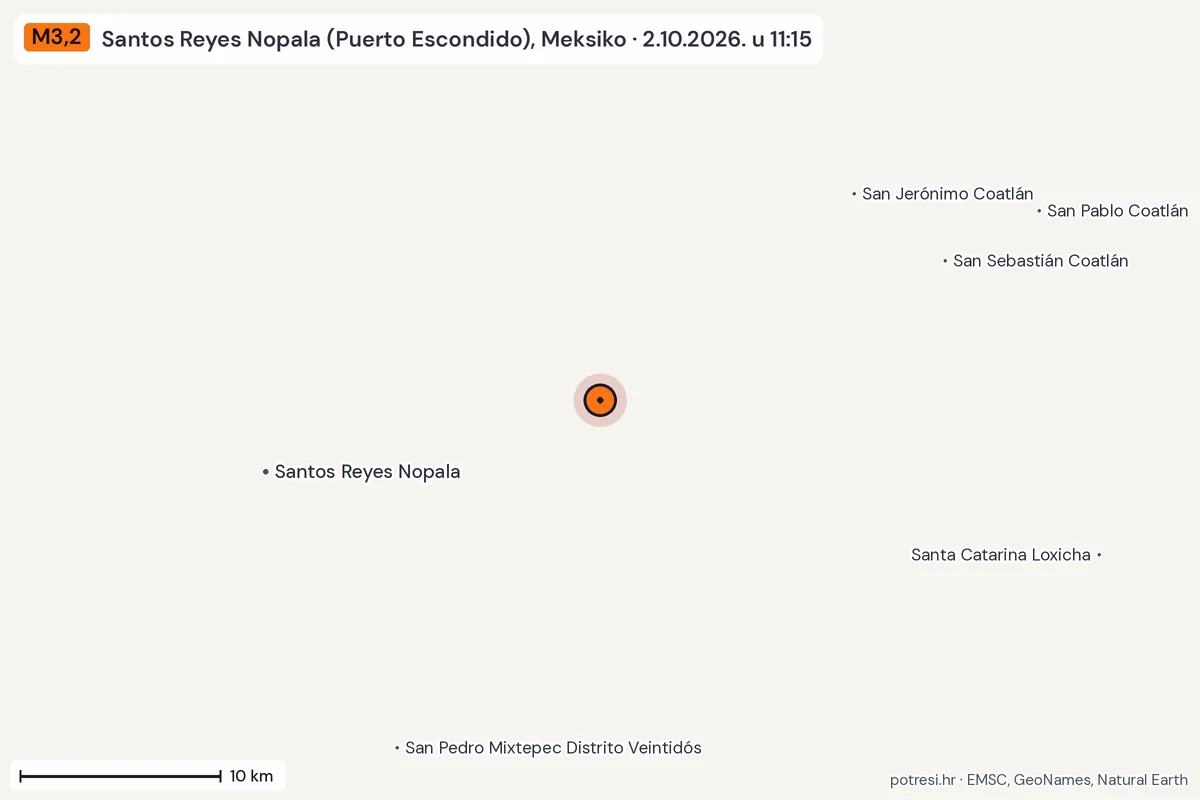 Karta: okolica epicentra, 60 km, potres M3,2, Santos Reyes Nopala (Puerto Escondido), Meksiko, 2.10.2026.
