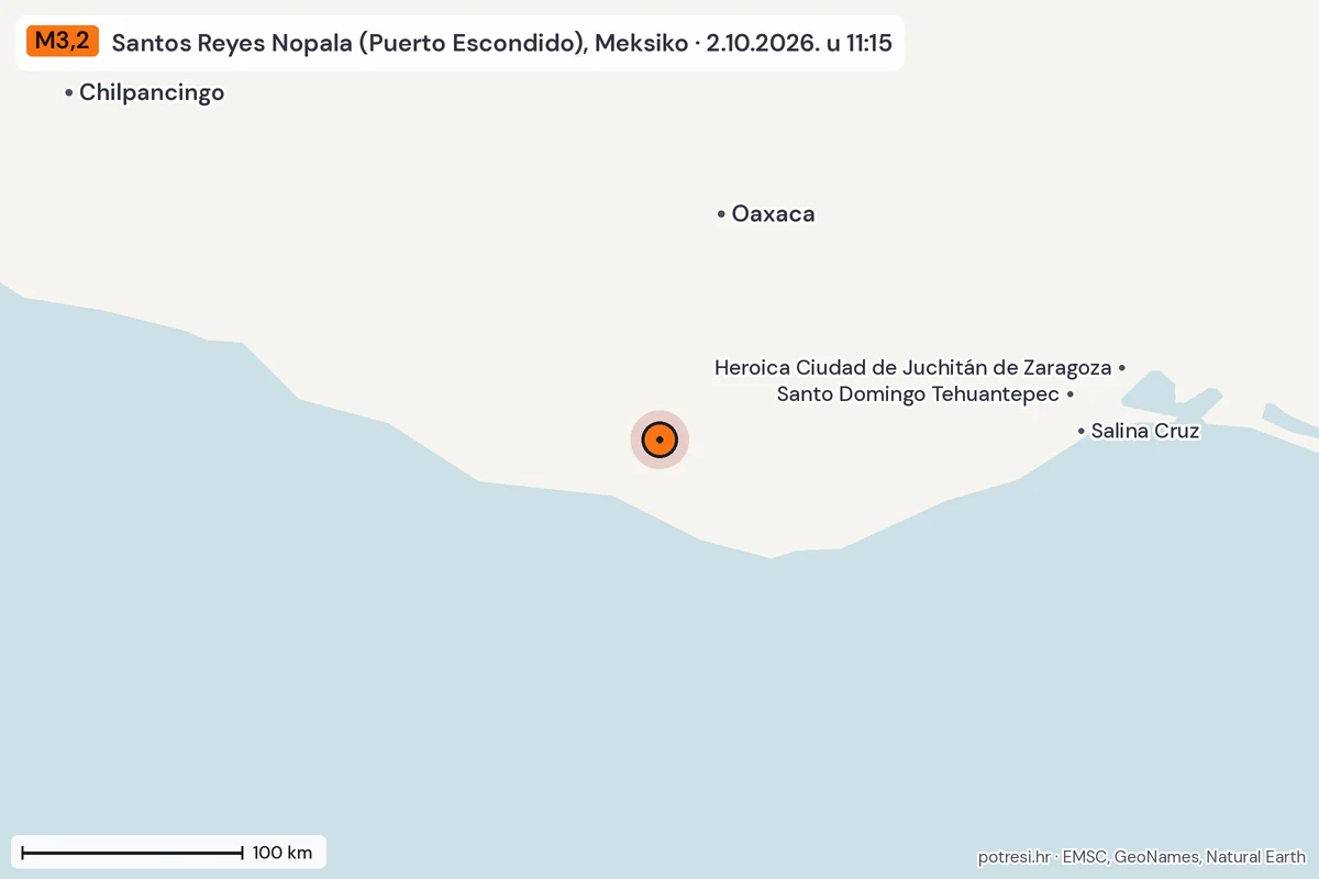 Karta: šire područje, 600 km, potres M3,2, Santos Reyes Nopala (Puerto Escondido), Meksiko, 2.10.2026.