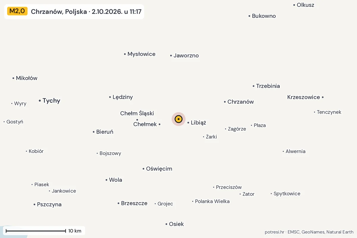 Karta: okolica epicentra, 60 km, potres M2,0, Chrzanów, Poljska, 2.10.2026.