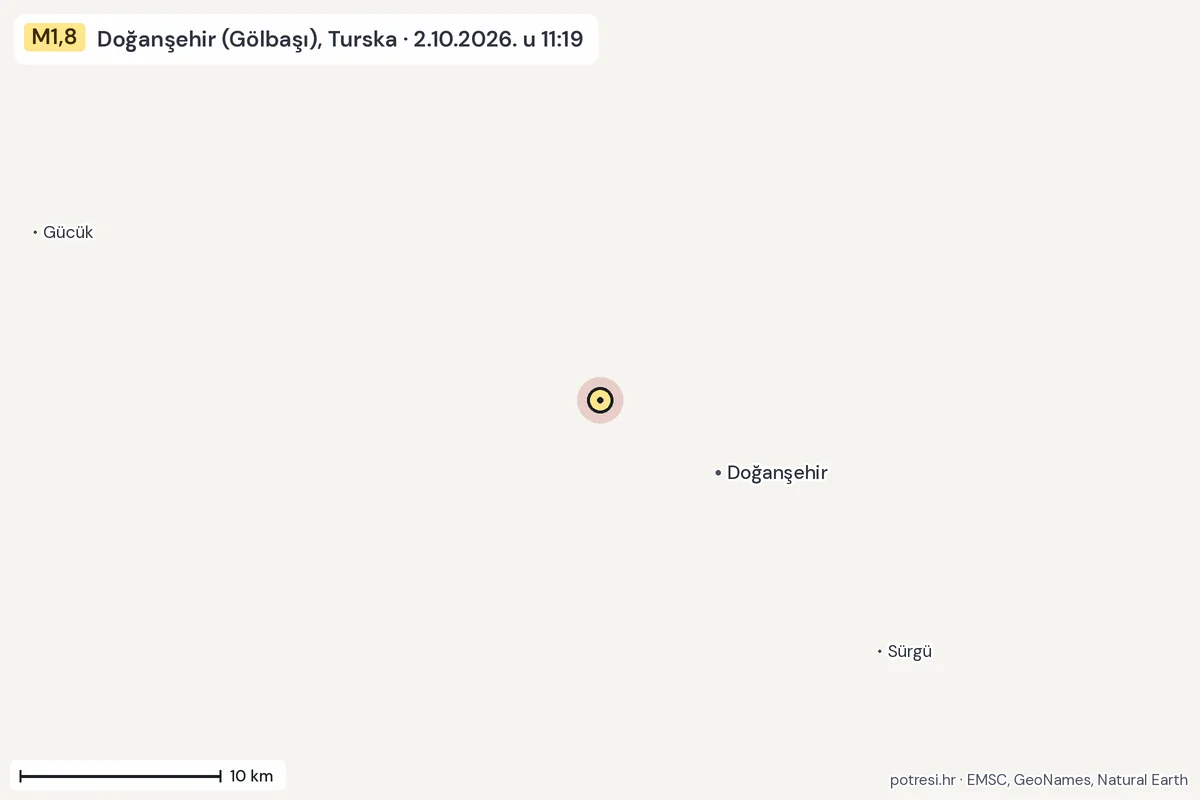 Karta: okolica epicentra, 60 km, potres M1,8, Doğanşehir (Gölbaşı), Turska, 2.10.2026.