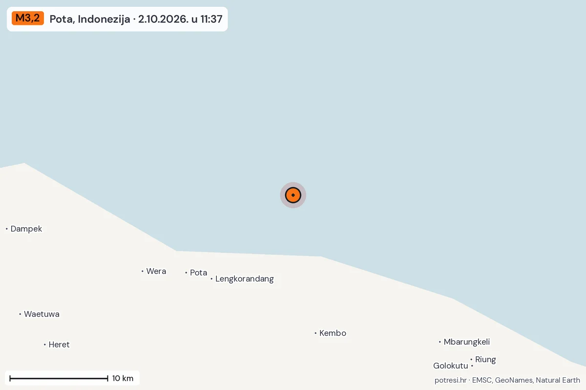 Karta: okolica epicentra, 60 km, potres M3,2, Pota, Indonezija, 2.10.2026.