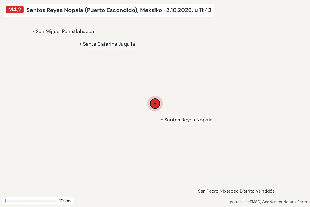 Karta: okolica epicentra, 60 km, potres M4,2, Santos Reyes Nopala (Puerto Escondido), Meksiko, 2.10.2026.