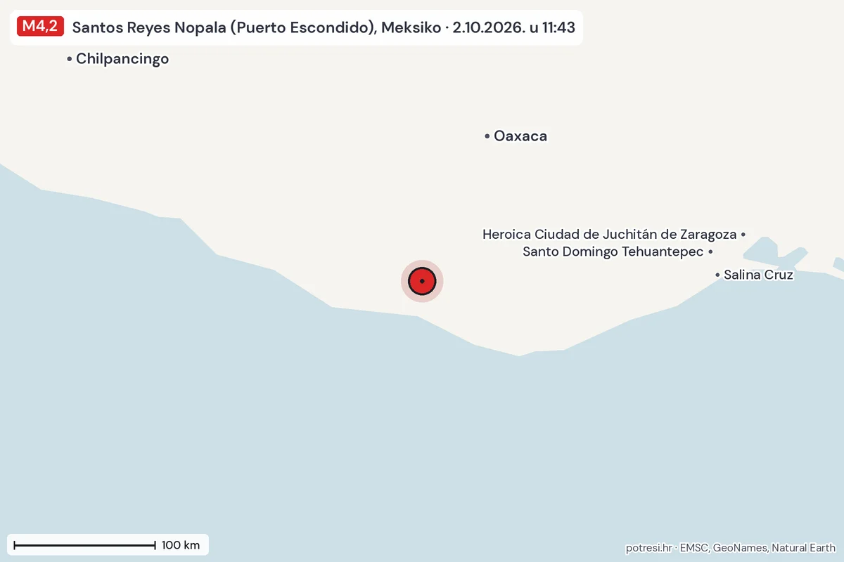 Karta: šire područje, 600 km, potres M4,2, Santos Reyes Nopala (Puerto Escondido), Meksiko, 2.10.2026.