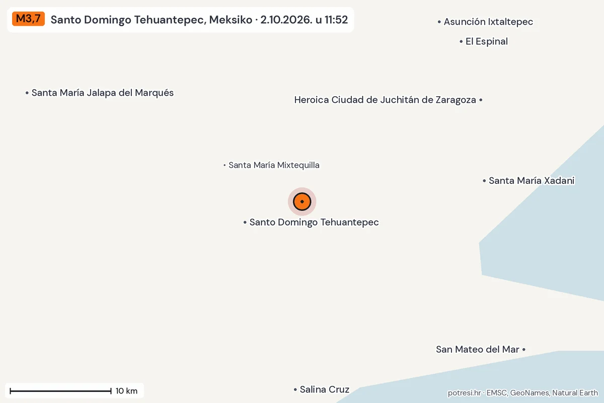 Karta: okolica epicentra, 60 km, potres M3,7, Santo Domingo Tehuantepec, Meksiko, 2.10.2026.