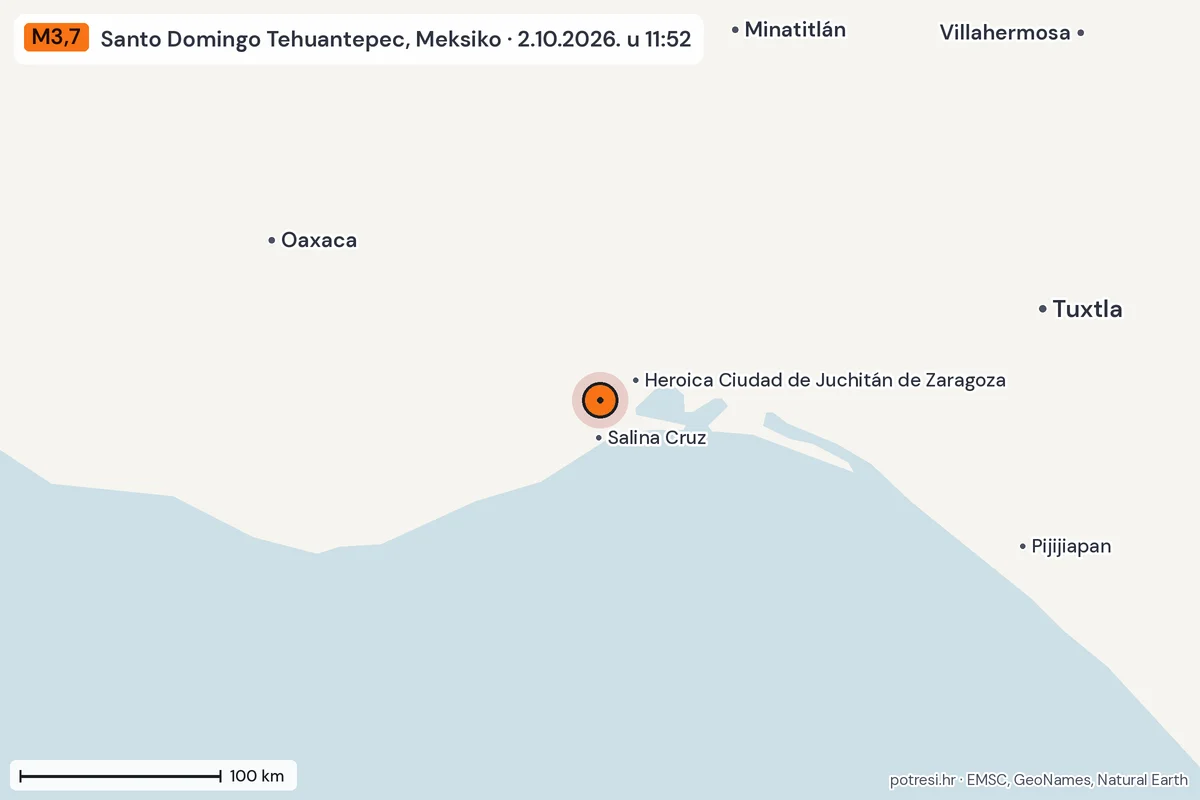 Karta: šire područje, 600 km, potres M3,7, Santo Domingo Tehuantepec, Meksiko, 2.10.2026.