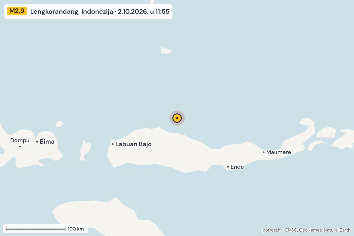 Karta: šire područje, 600 km, potres M2,9, Lengkorandang, Indonezija, 2.10.2026.