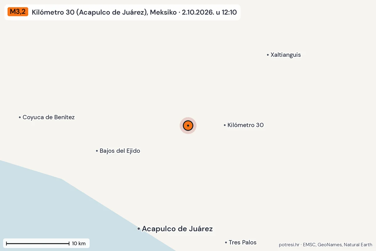 Karta: okolica epicentra, 60 km, potres M3,2, Kilómetro 30 (Acapulco de Juárez), Meksiko, 2.10.2026.