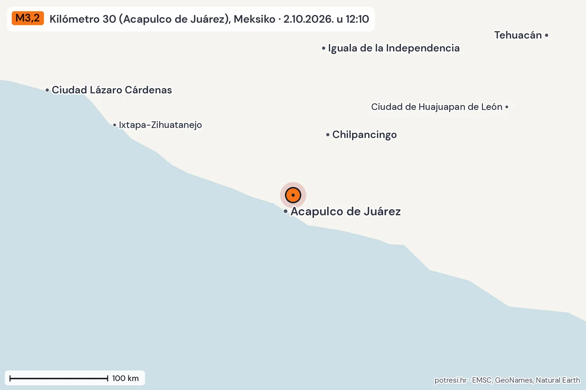 Karta: šire područje, 600 km, potres M3,2, Kilómetro 30 (Acapulco de Juárez), Meksiko, 2.10.2026.