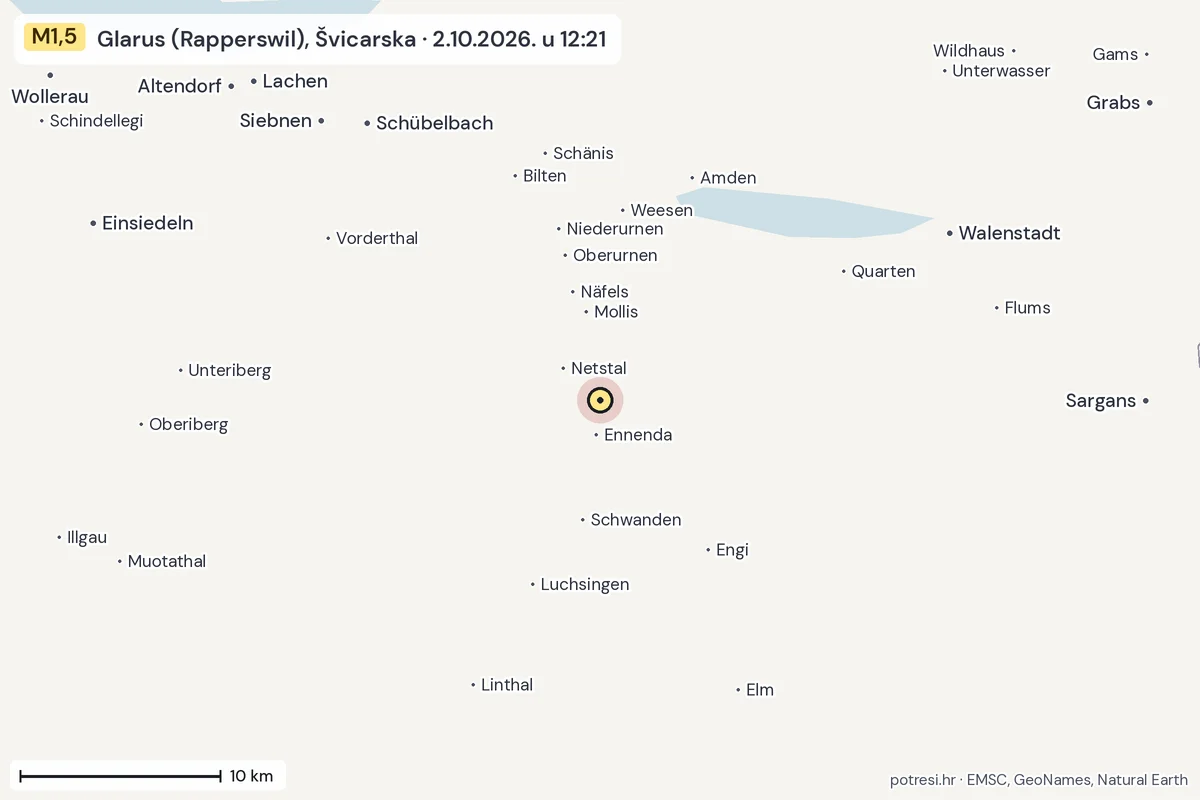 Karta: okolica epicentra, 60 km, potres M1,5, Glarus (Rapperswil), Švicarska, 2.10.2026.
