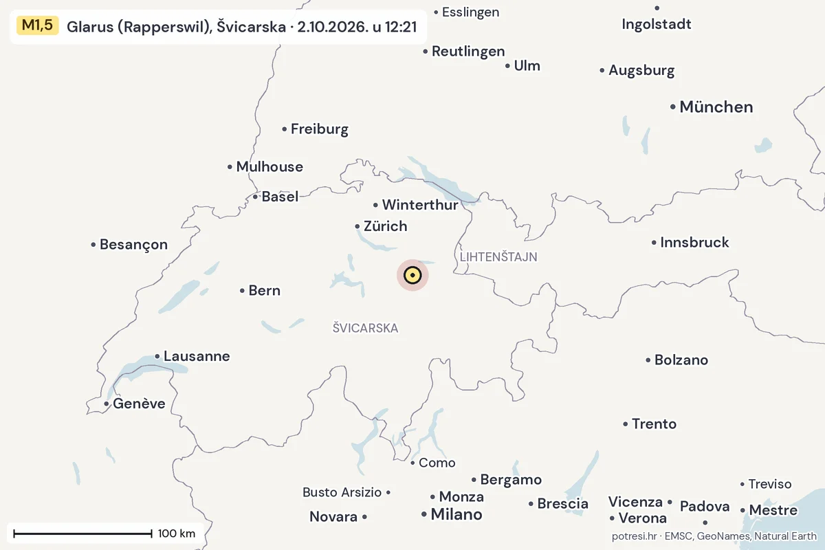 Karta: šire područje, 600 km, potres M1,5, Glarus (Rapperswil), Švicarska, 2.10.2026.
