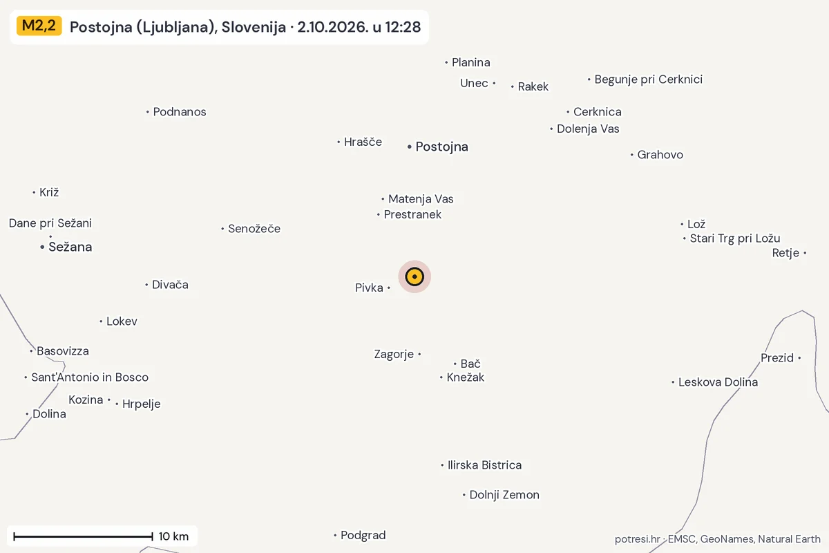 Karta: okolica epicentra, 60 km, potres M2,2, Postojna (Ljubljana), Slovenija, 2.10.2026.