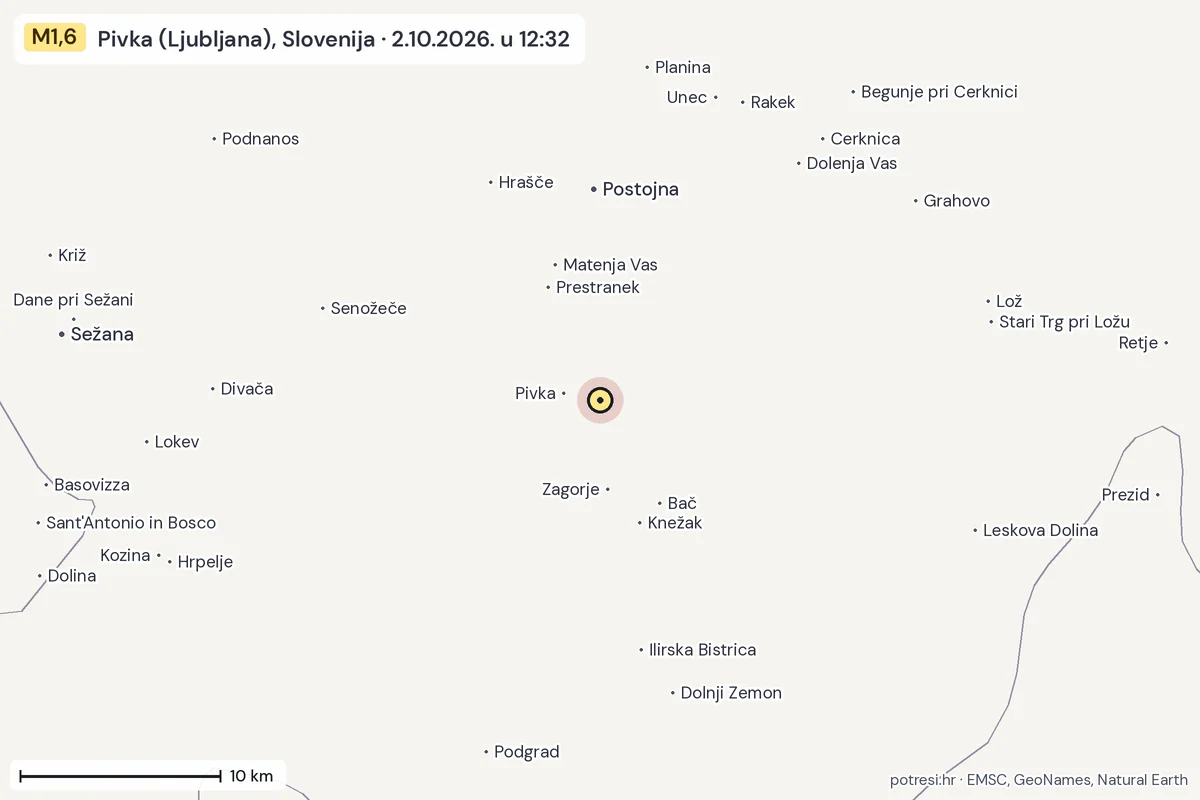 Karta: okolica epicentra, 60 km, potres M1,6, Pivka (Ljubljana), Slovenija, 2.10.2026.