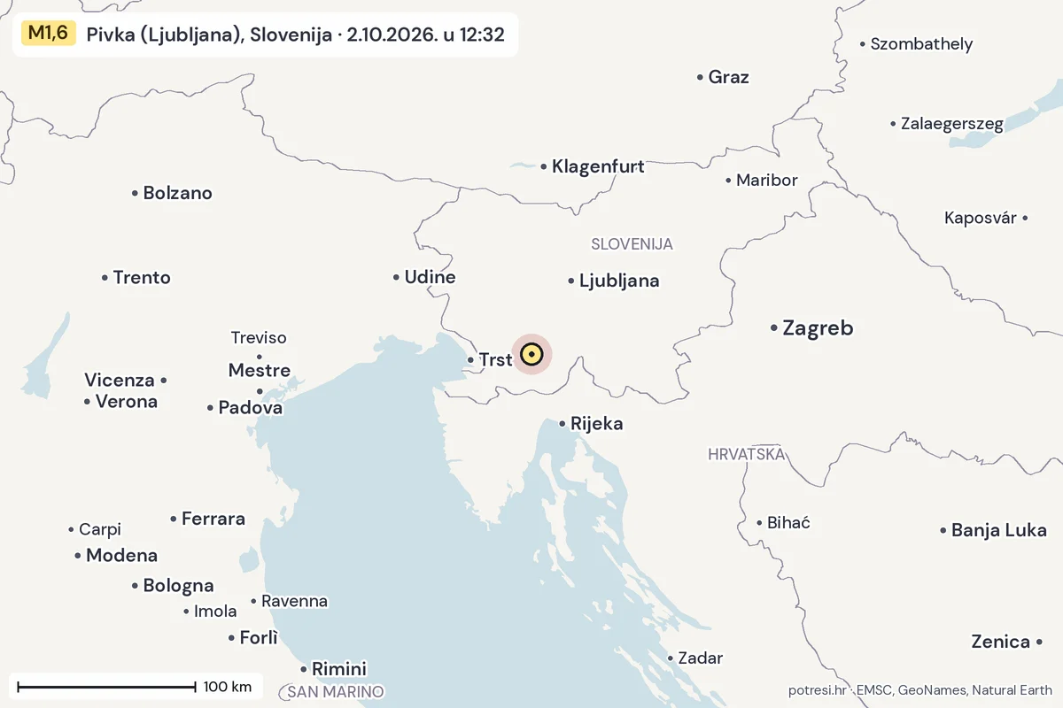 Karta: šire područje, 600 km, potres M1,6, Pivka (Ljubljana), Slovenija, 2.10.2026.
