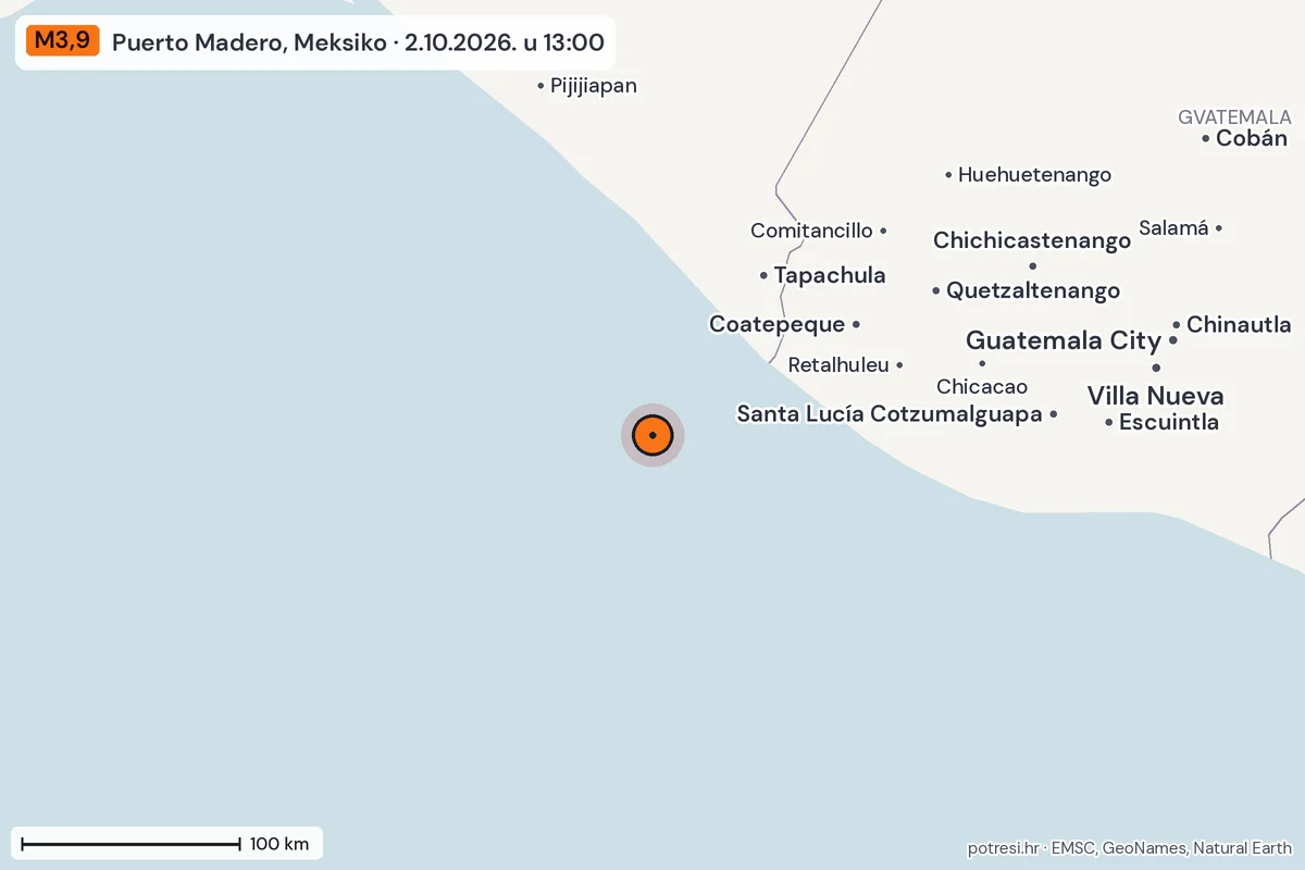 Karta: šire područje, 600 km, potres M3,9, Puerto Madero, Meksiko, 2.10.2026.