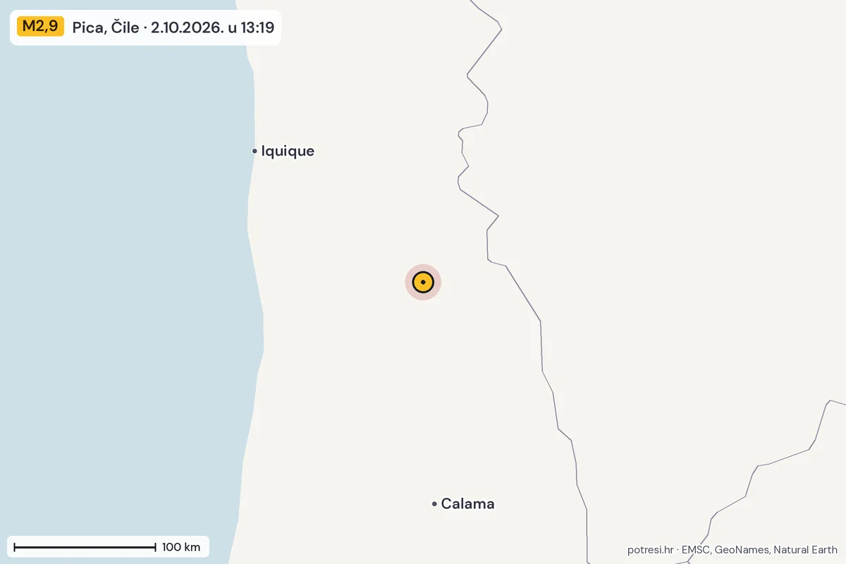 Karta: šire područje, 600 km, potres M2,9, Pica, Čile, 2.10.2026.