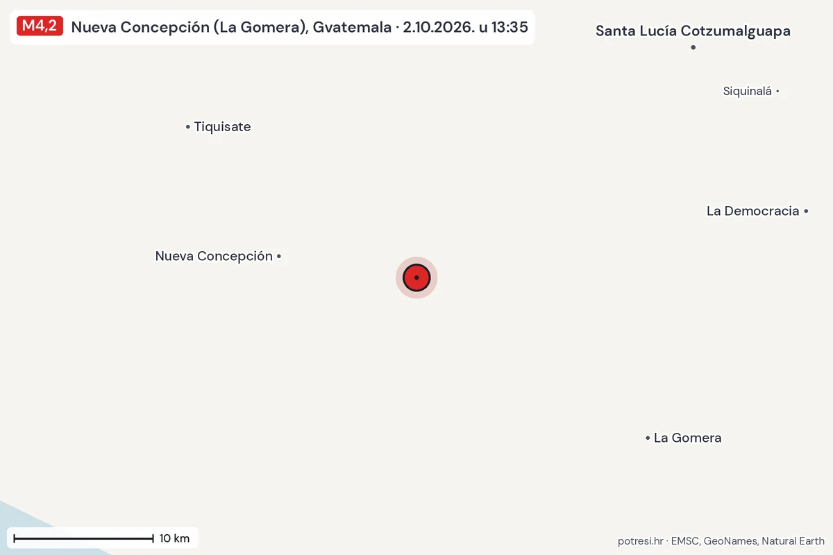 Karta: okolica epicentra, 60 km, potres M4,2, Nueva Concepción (La Gomera), Gvatemala, 2.10.2026.