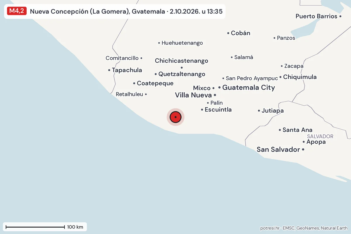 Karta: šire područje, 600 km, potres M4,2, Nueva Concepción (La Gomera), Gvatemala, 2.10.2026.