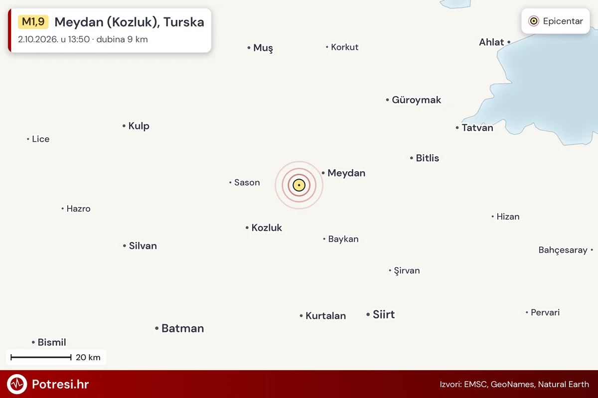 Karta: šire područje i vjerojatni doseg osjeta, potres M1,9, Meydan (Kozluk), Turska, 2.10.2026.