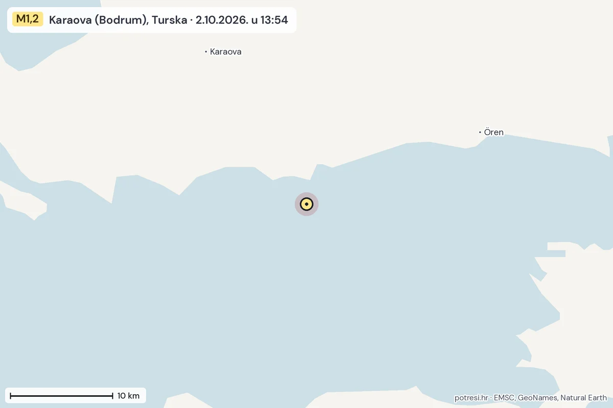 Karta: okolica epicentra, 60 km, potres M1,2, Karaova (Bodrum), Turska, 2.10.2026.