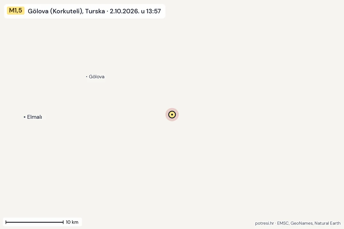 Karta: okolica epicentra, 60 km, potres M1,5, Gölova (Korkuteli), Turska, 2.10.2026.