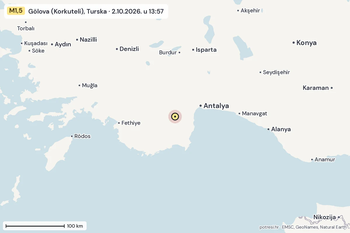 Karta: šire područje, 600 km, potres M1,5, Gölova (Korkuteli), Turska, 2.10.2026.