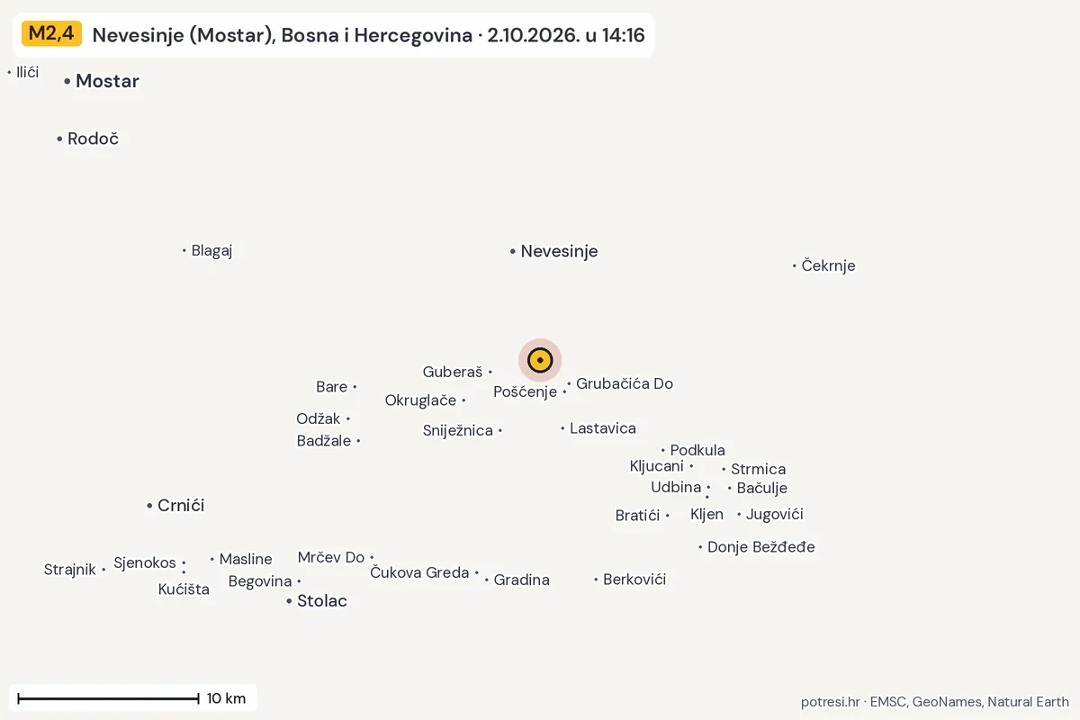 Karta: okolica epicentra, 60 km, potres M2,4, Nevesinje (Mostar), Bosna i Hercegovina, 2.10.2026.