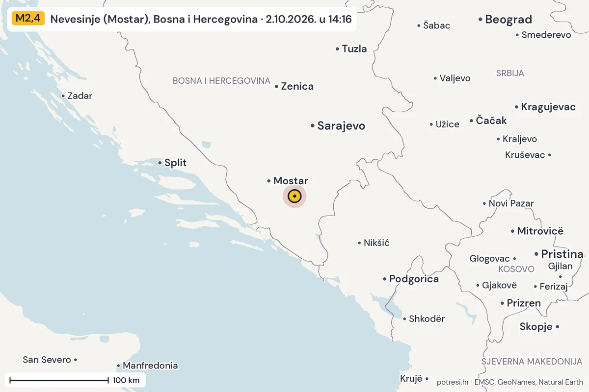 Karta: šire područje, 600 km, potres M2,4, Nevesinje (Mostar), Bosna i Hercegovina, 2.10.2026.