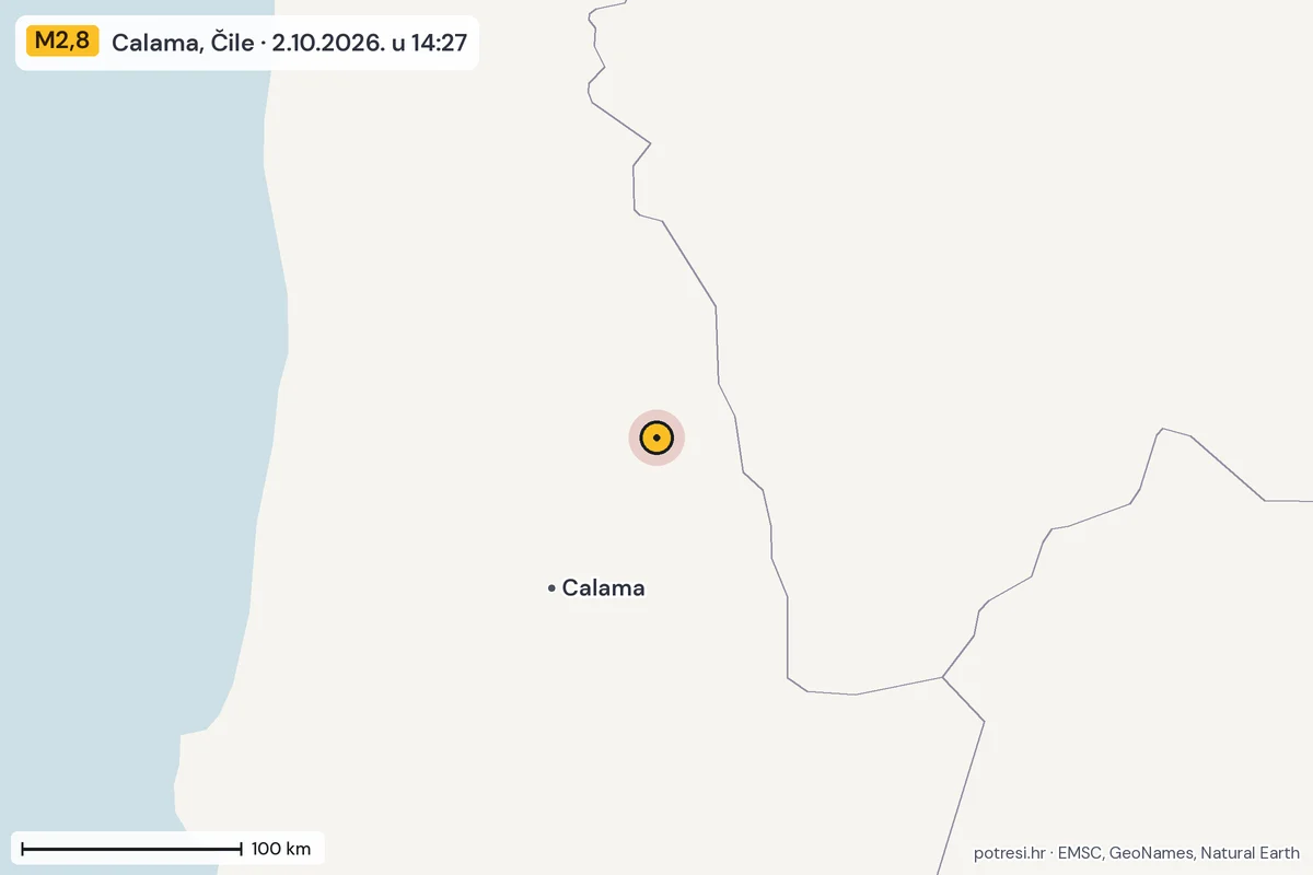 Karta: šire područje, 600 km, potres M2,8, Calama, Čile, 2.10.2026.
