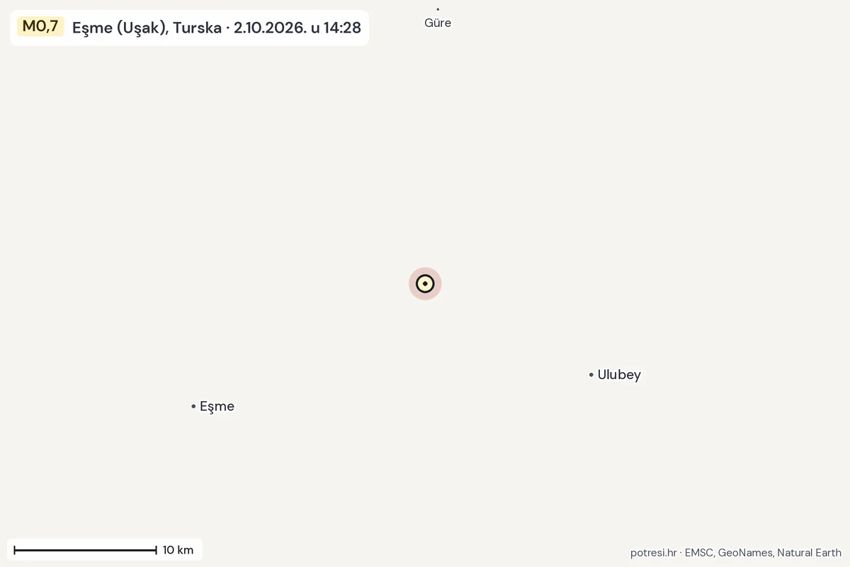 Karta: okolica epicentra, 60 km, potres M0,7, Eşme (Uşak), Turska, 2.10.2026.