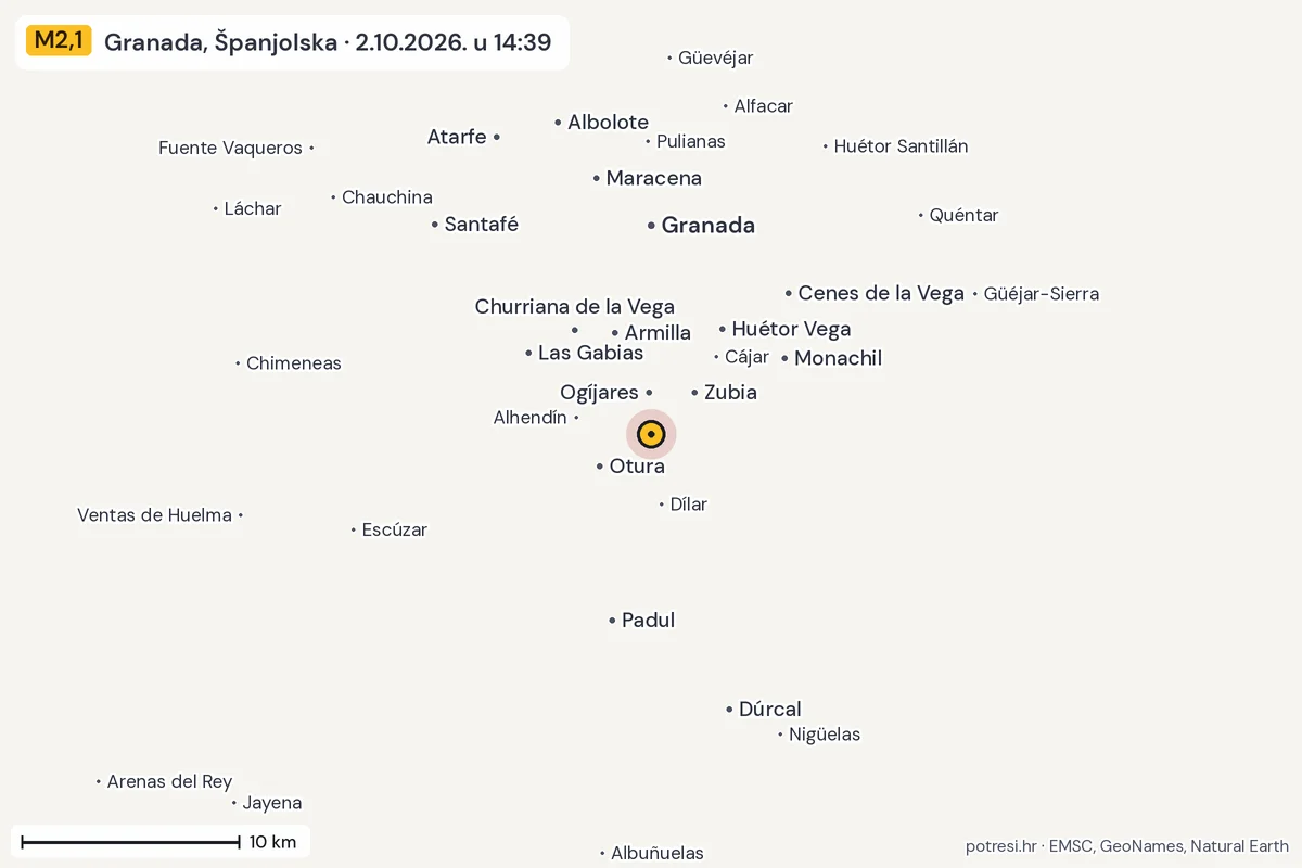 Karta: okolica epicentra, 60 km, potres M2,1, Granada, Španjolska, 2.10.2026.