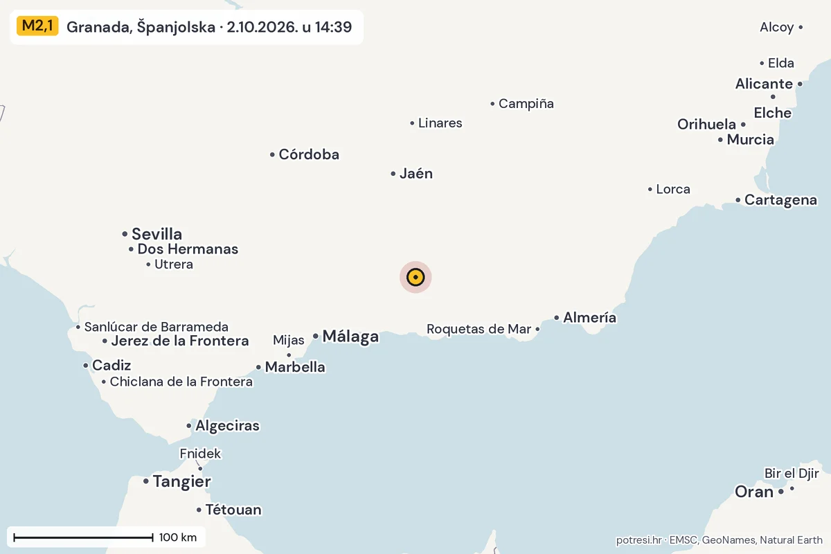 Karta: šire područje, 600 km, potres M2,1, Granada, Španjolska, 2.10.2026.