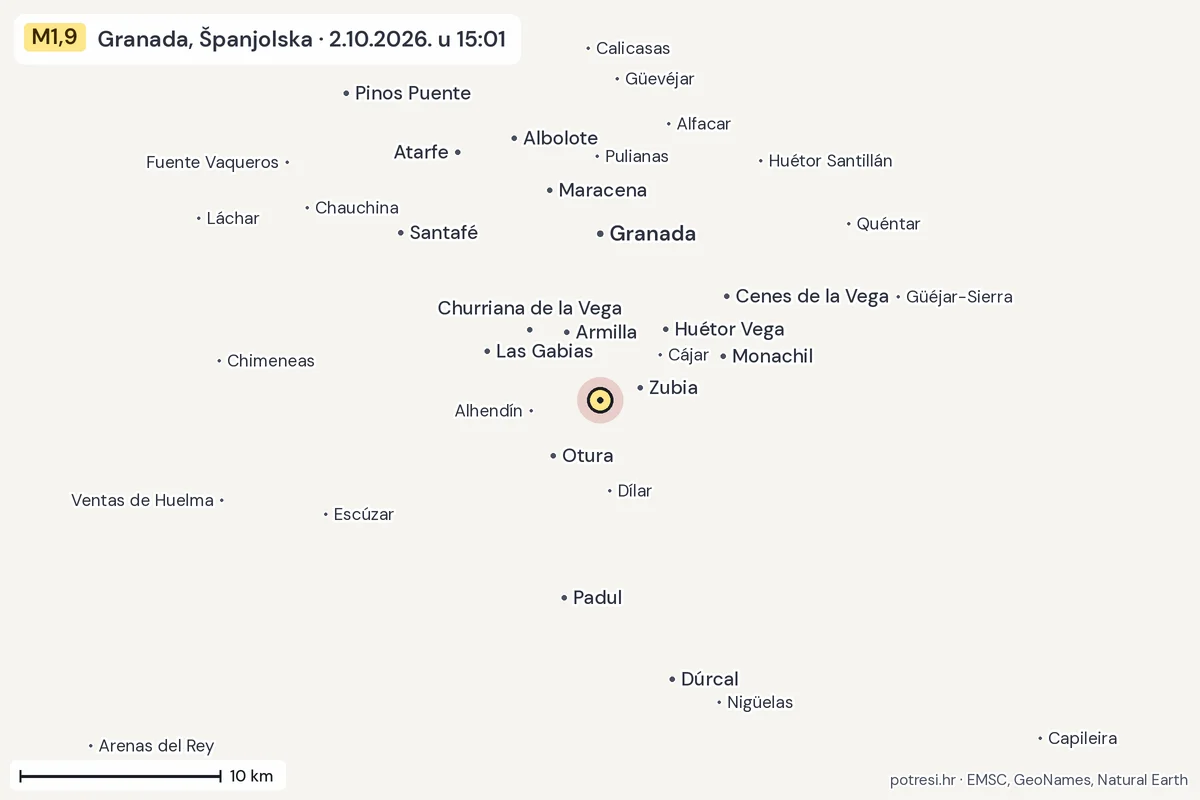 Karta: okolica epicentra, 60 km, potres M1,9, Granada, Španjolska, 2.10.2026.