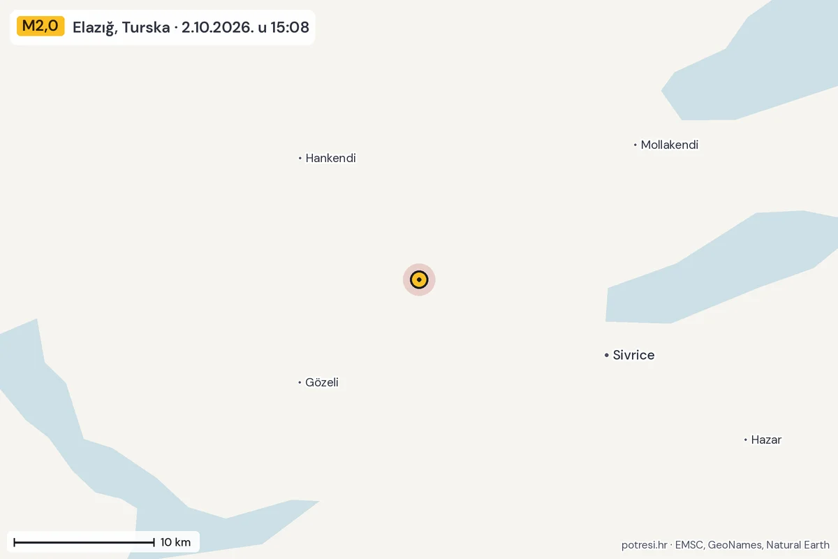 Karta: okolica epicentra, 60 km, potres M2,0, Elazığ, Turska, 2.10.2026.