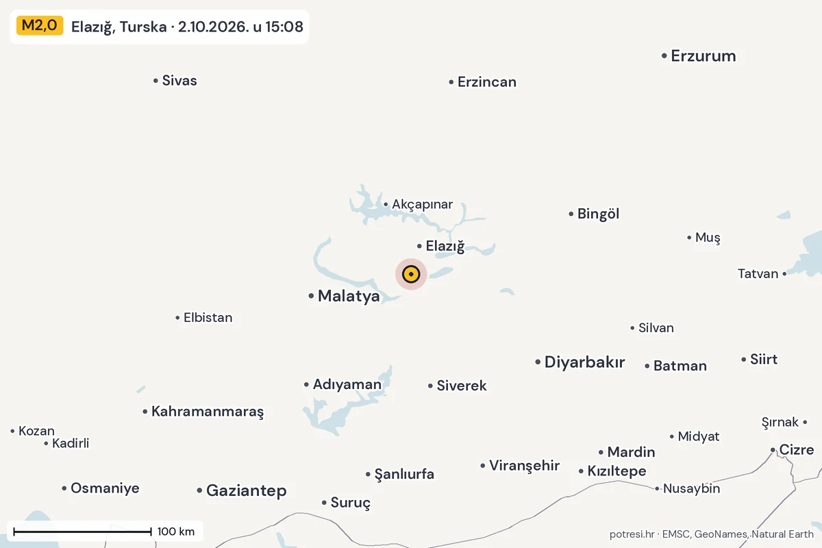 Karta: šire područje, 600 km, potres M2,0, Elazığ, Turska, 2.10.2026.
