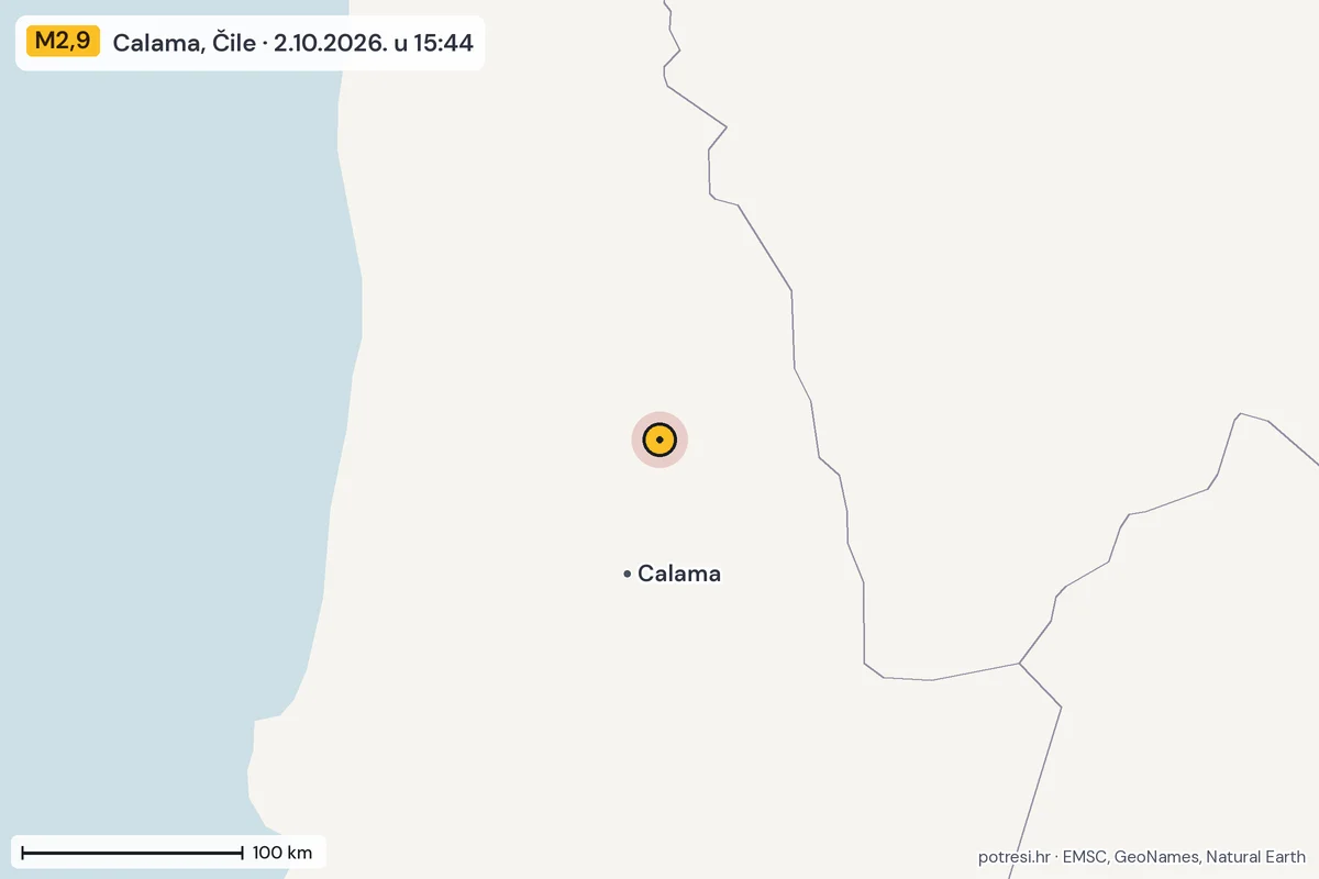 Karta: šire područje, 600 km, potres M2,9, Calama, Čile, 2.10.2026.